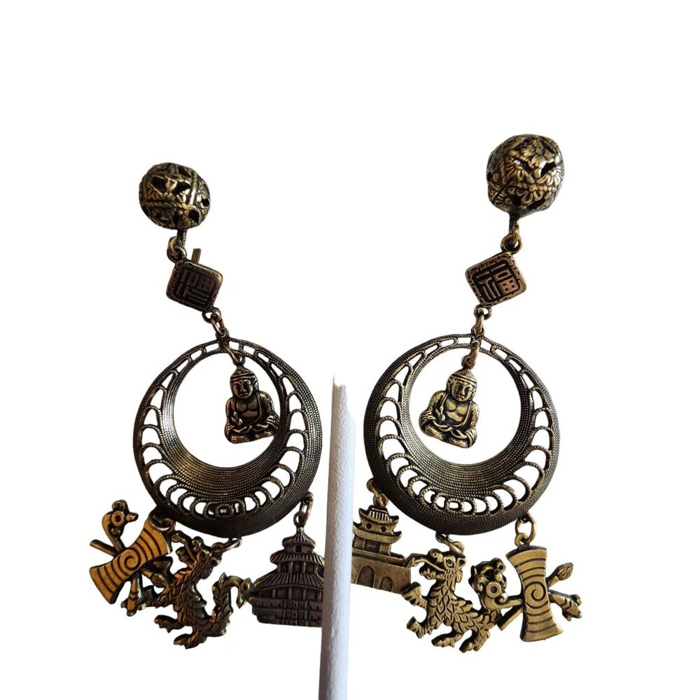 Vintage Screwback Asian Motif Hoop Dangle Earrings (A1598)